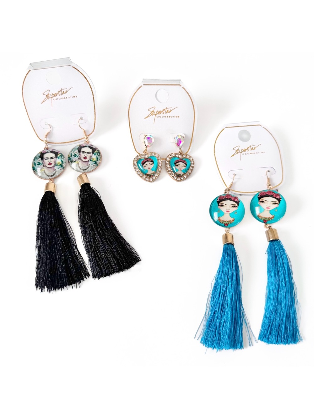 Superstar Accessories Frida Kahlo Earrings Lot Crystal Heart Tassel Gold NWT